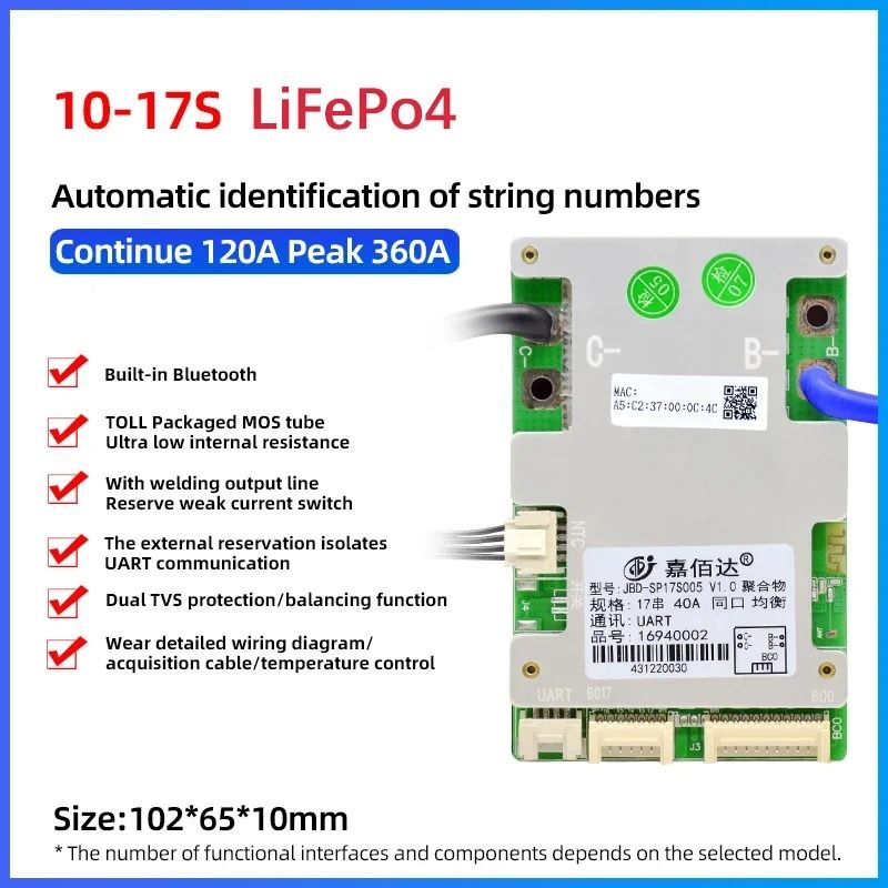 JBD Smart BMS with Built-In Bluetooth Lithium Battery Protection Board 10S–17S 24V–60V