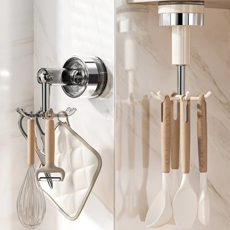 Rotating Suction Cup Hook Rack Wall Mount Organizer for Kitchen Utensils