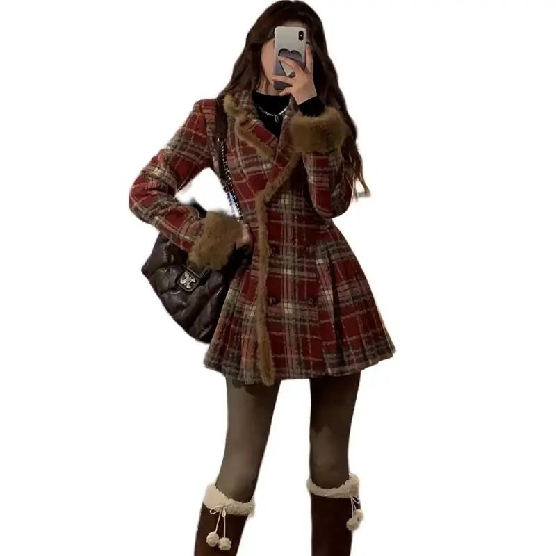 Classic Womens Plaid Wool Coat Double Breasted Loose Fit Autumn Winter Jacket