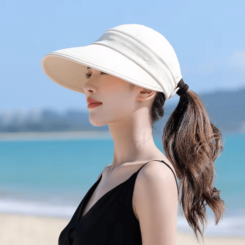 Foldable Wide Brim Ponytail Sun Hat – UV Protection Detachable Open-Top Summer Cap
