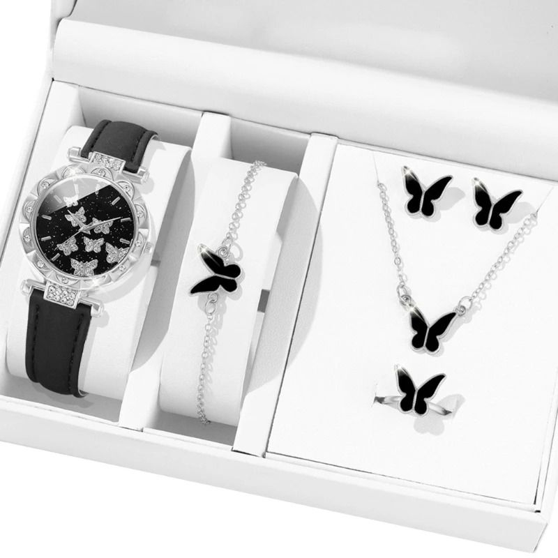 Butterfly Jewelry Set Fashion Women's Quartz Watch, Leather Band, Necklace, Earrings, Bracelet, and Adjustable Ring