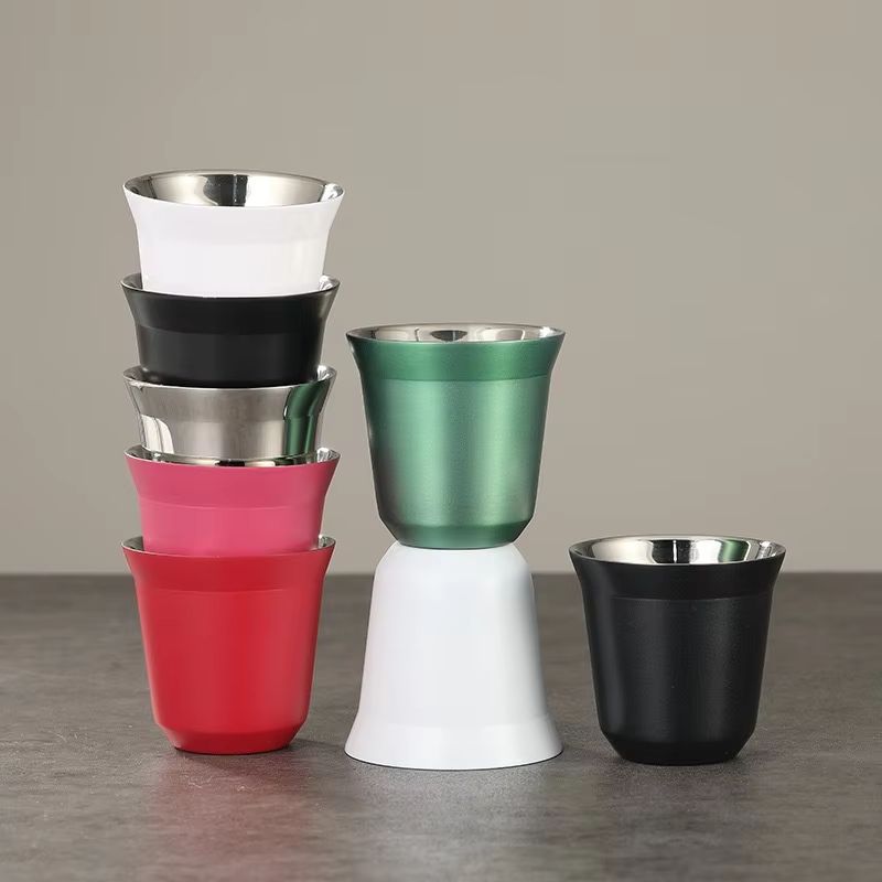 Stainless Steel Double-Layer Flat Bottom Coffee Water Cup 80ml (2.71 fl oz)