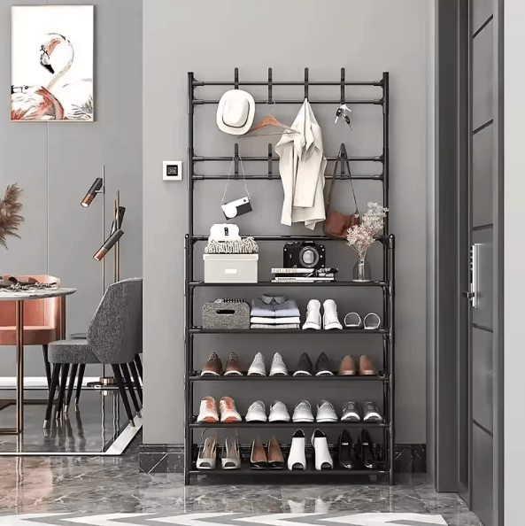 Entryway Coat Rack with Shoe Storage Multi Functional Hall Tree Organizer for Clothes Shoes Bags and Accessories