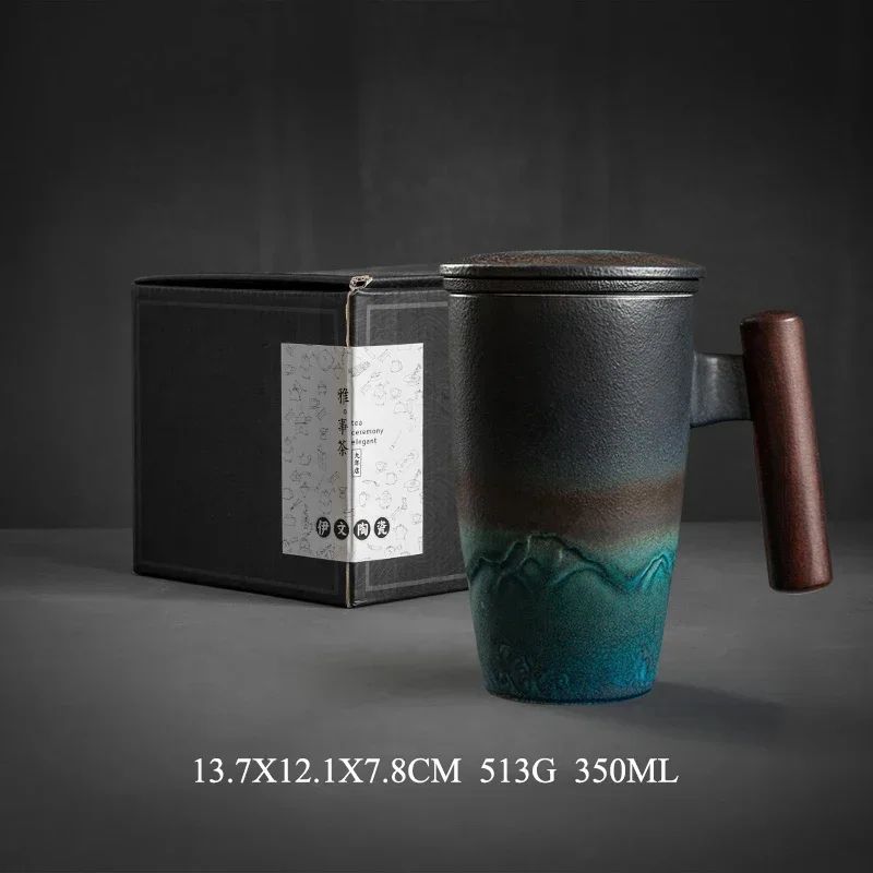 Retro Ceramic Mug with Wooden Handle and Lid