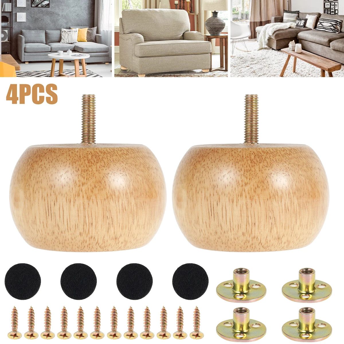 Solid Wood wooden furniture legs Set (4 pcs) Round Bun Style with Screws & Floor Pads