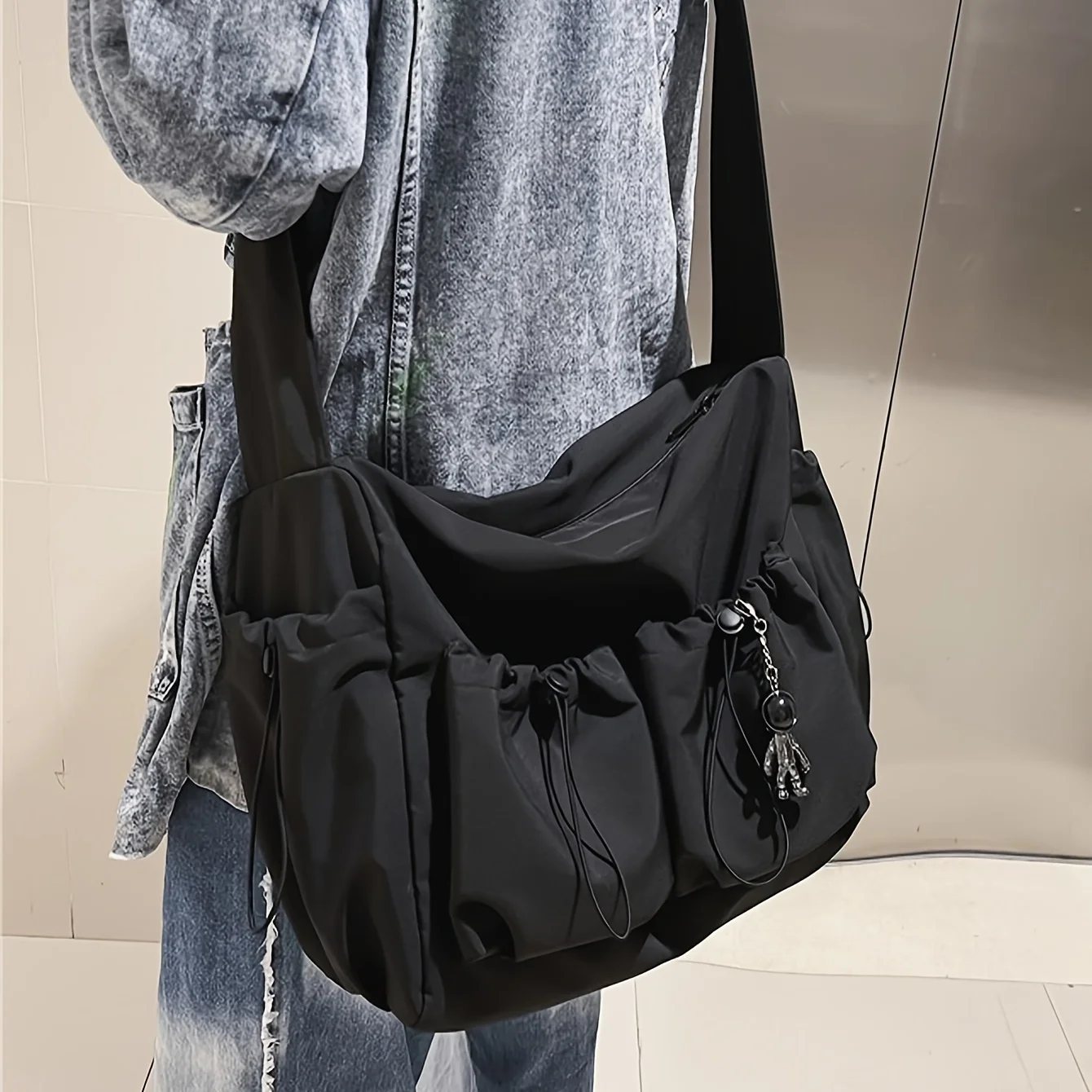 Chic crossbody bag with zipper closure & drawstring charm spacious everyday shoulder bag