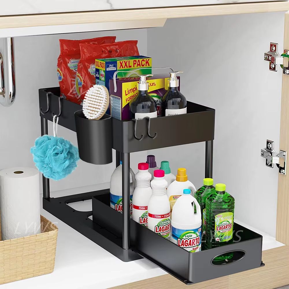 TidyMax 2-Tier Under Sink Organizer – Sliding Cabinet Storage Rack with Hooks & Hanging Cup for Bathroom & Kitchen Organ