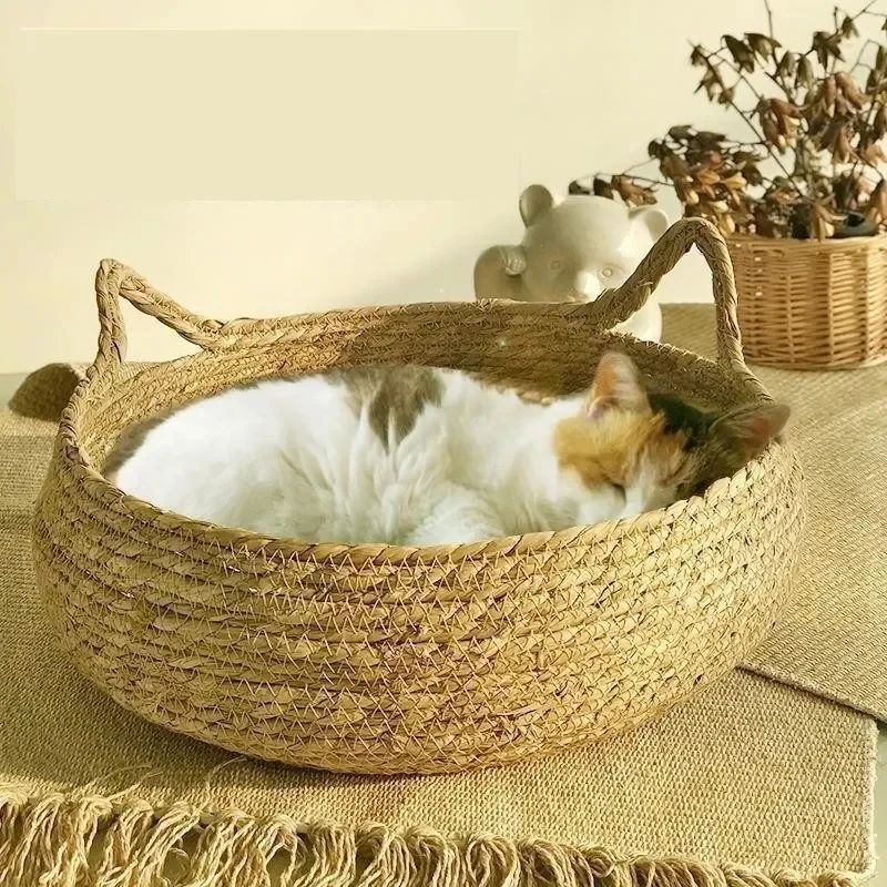 Handwoven Rattan Cat Bed with Removable Cushion – Cozy All-Season Cat Nest Baske