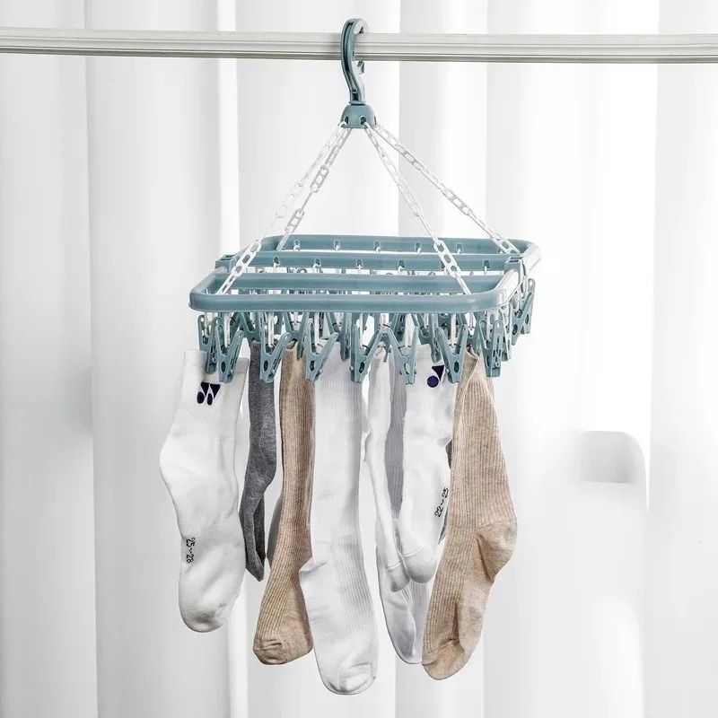 Foldable Clothes Drying Hanger With 32 Clips Space Saving Sock And Underwear Drying Rack