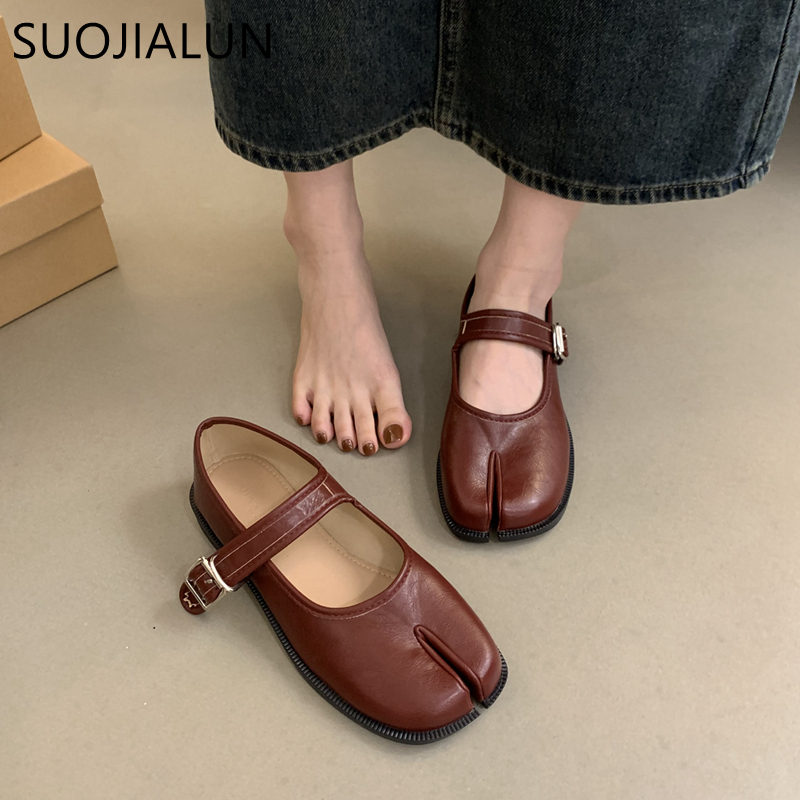 Casual Soft Leather Mary Jane Shoes, Autumn Fashion Split Toe Flat Heel Laofer Shoes for Women, Comfortable Outdoor Flat
