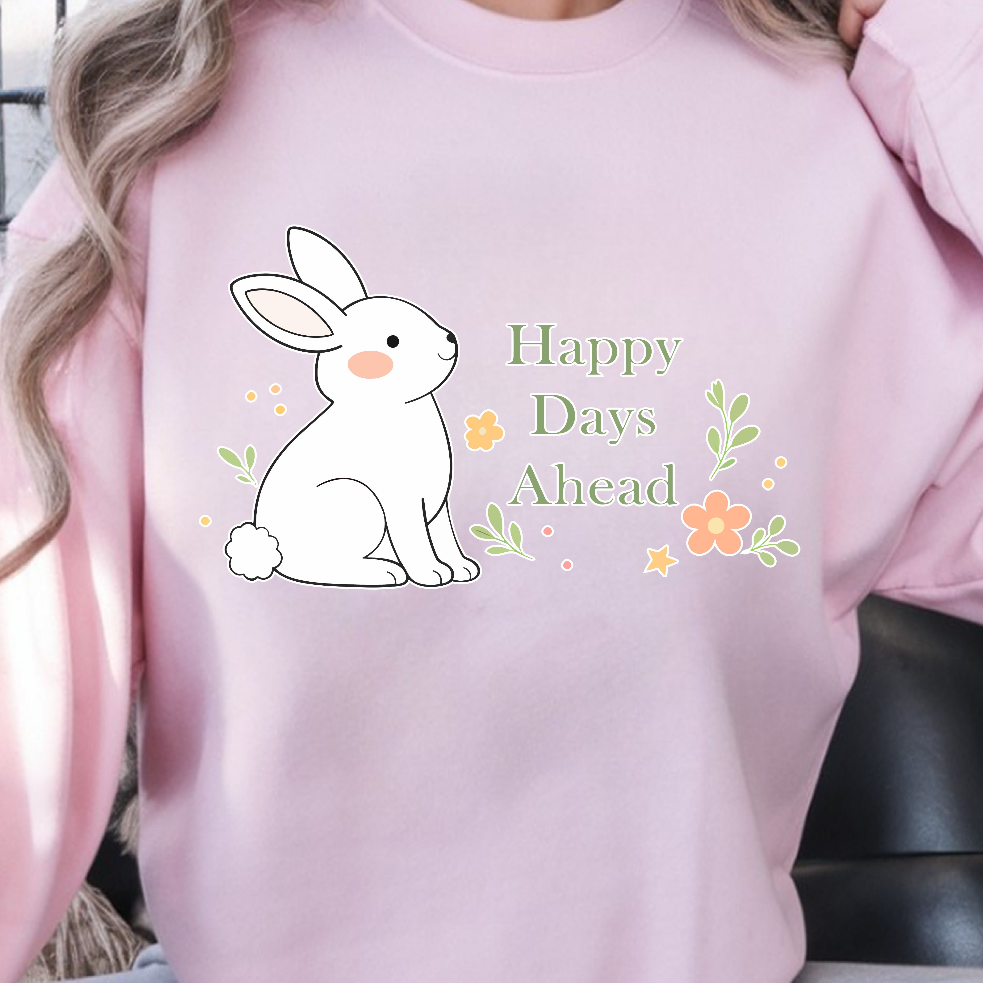 Happy Days Ahead Shirt – Bunny & Minimalist Flowers & Leaves Design