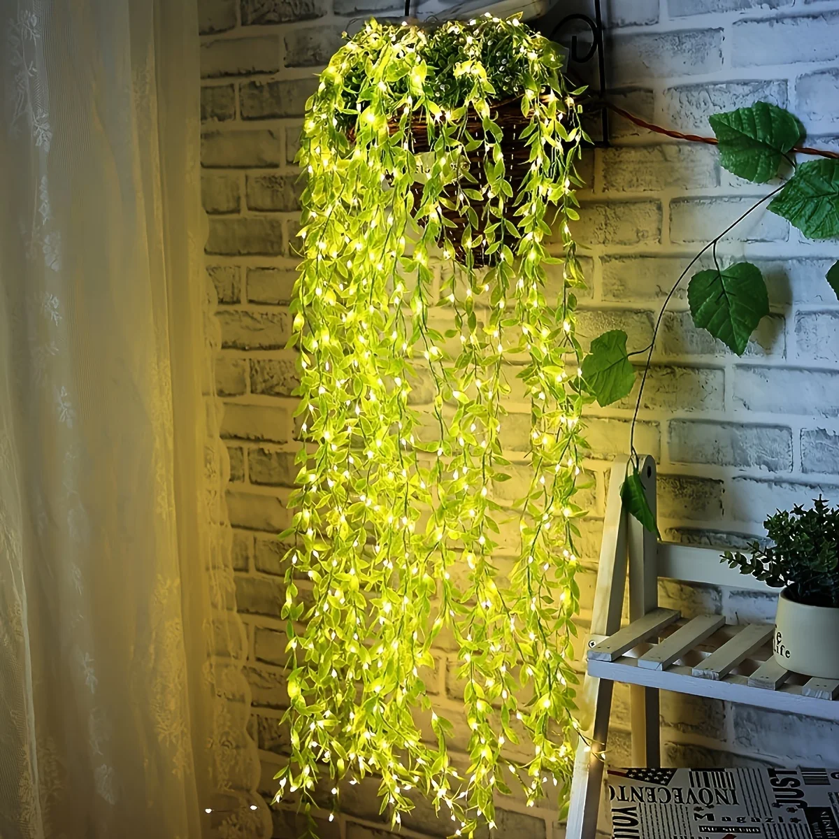 Battery Operated Willow Curtain Light String LED Lights with Copper Wire & Imitation Leaf Basket for Home Decor