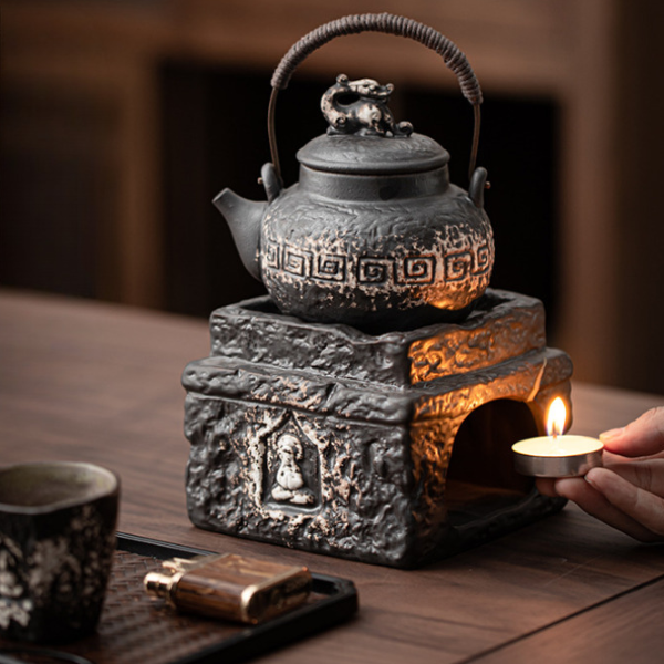 Buddha Tea Warmer Holder, Handmade Wabi Sabi Black Pottery, Kettle Stand, Carbon Furnace Tea Set, Candle Heater