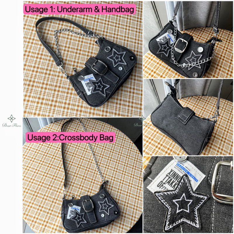 Vintage Star Pattern Canvas Underarm Bag for Women Retro Shoulder Chain Purse