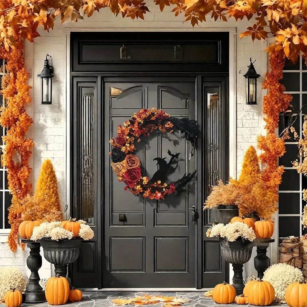 Gothic Halloween Wreath with Roses and Witch Cat Silhouette