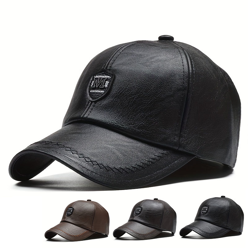 Warm Leather Baseball Cap, Fashion Men Snapback Hat, Adjustable Outdoor Sports Dad Cap for Autumn Winter