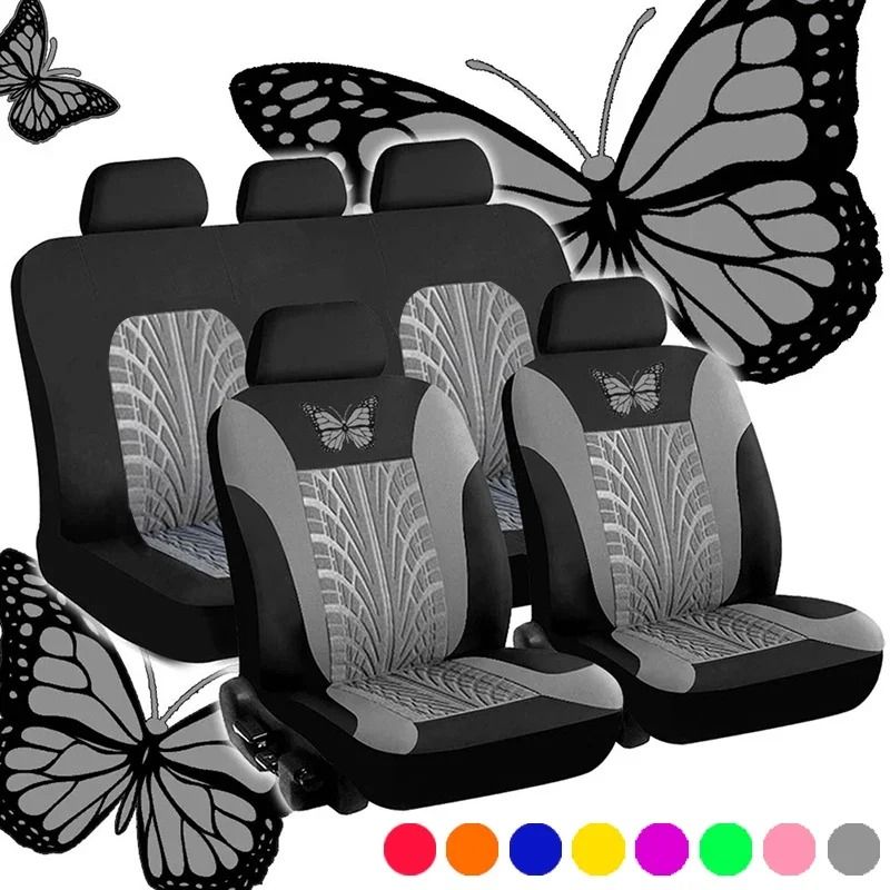 Universal Car Seat Cover Full Set with Butterfly Embroidery Design