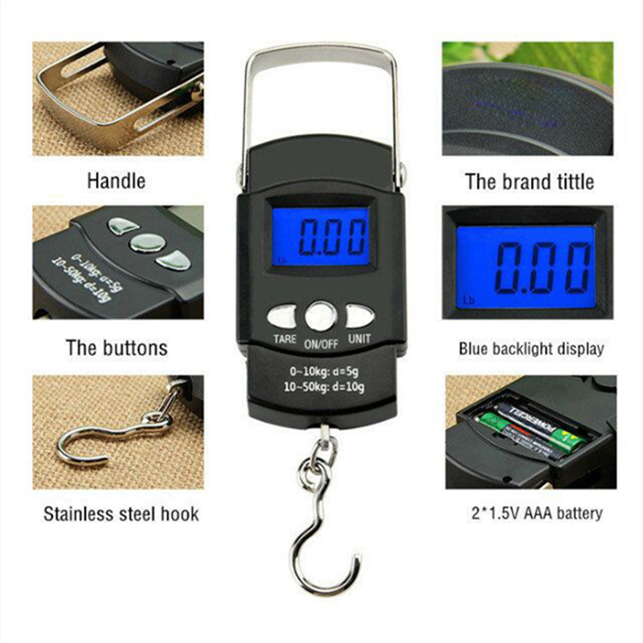 Electronic Scale, Blue Back Light LCD Display, Measuring Rule Tape, Digital Fishing Hanging Hook Scale Tool