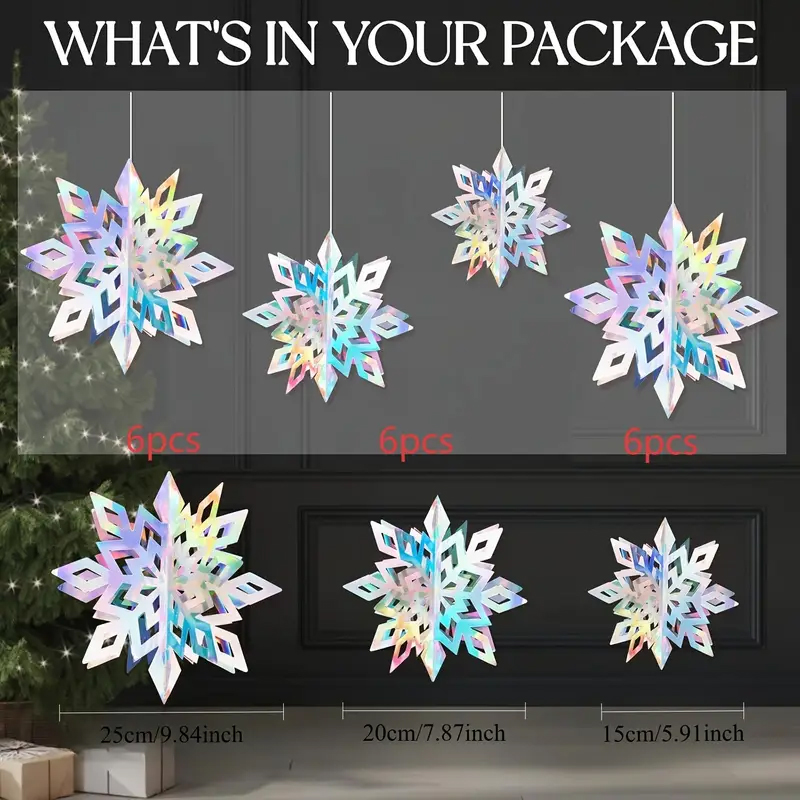 Rainbow Color 3D Snowflake Ornaments, Large Hanging Snowflake Decor Set, Hanging String