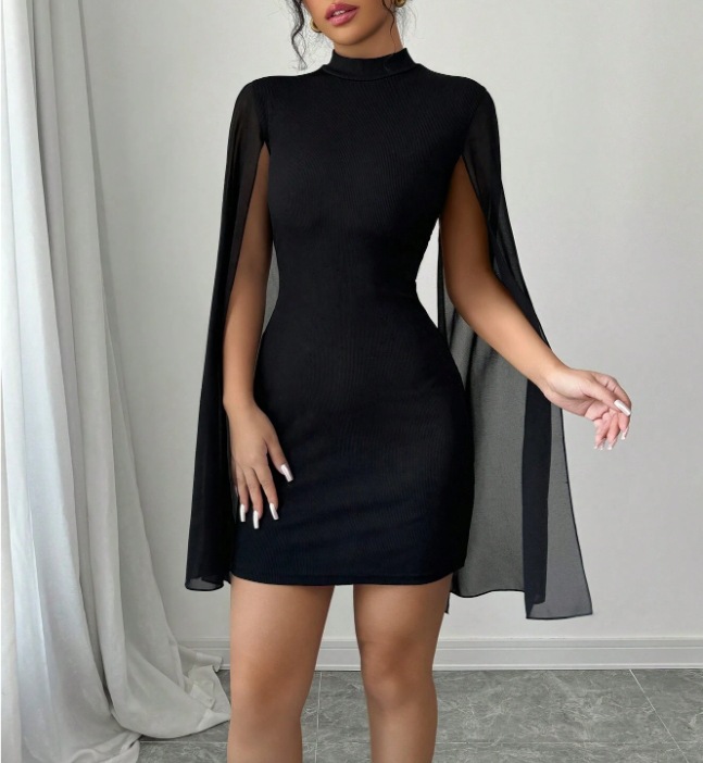 Women's Round Neck Pearl Chiffon Cloak Wrapped Hip Dress, European and American Style