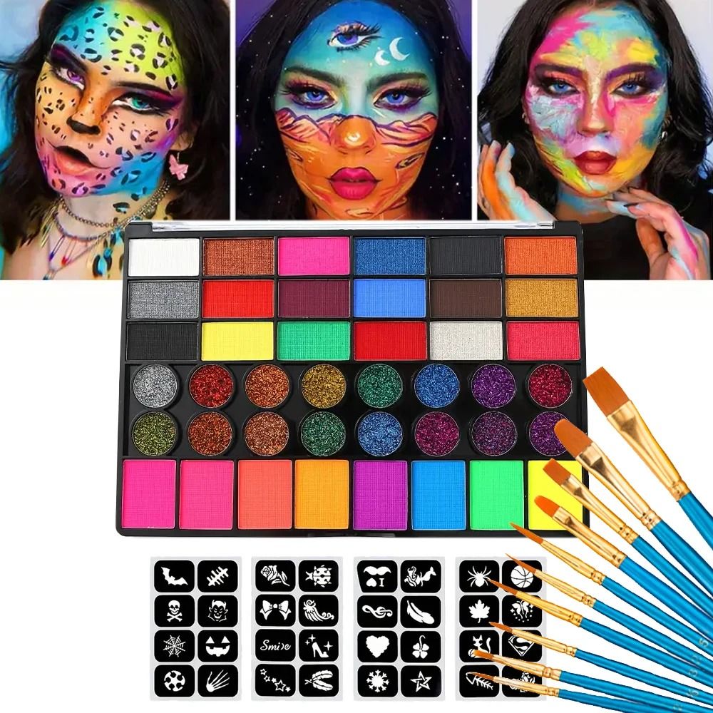 42 Colors Water Soluble Face Body Painting Set UV Neon Glitter Makeup For Halloween and Christmas