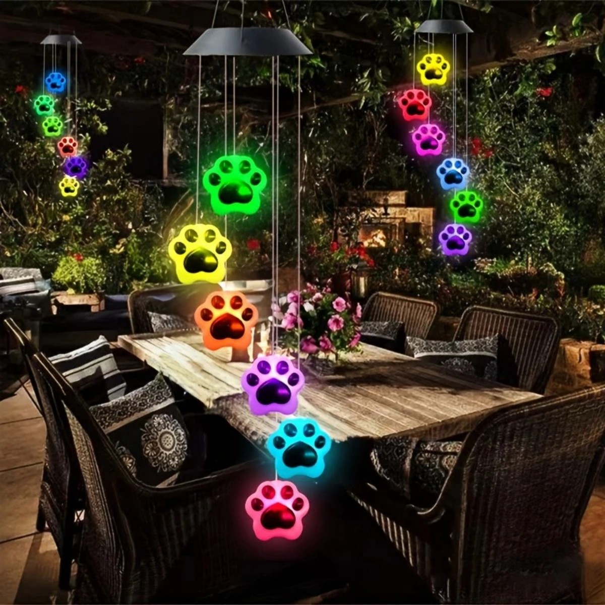 Outdoor colorful garden lights, set of vibrant paw print solar wind chime lights, easy install, bright solar powered