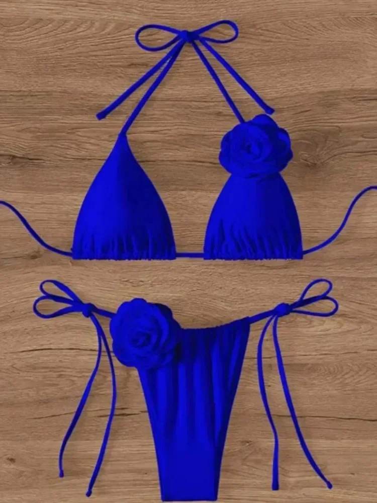 Sexy Flower Bandeau Thong Bikini, Lace-up Swimwear 2025 Women, Brazilian Bikinis Set Mujer, Swimming Bathing Suit