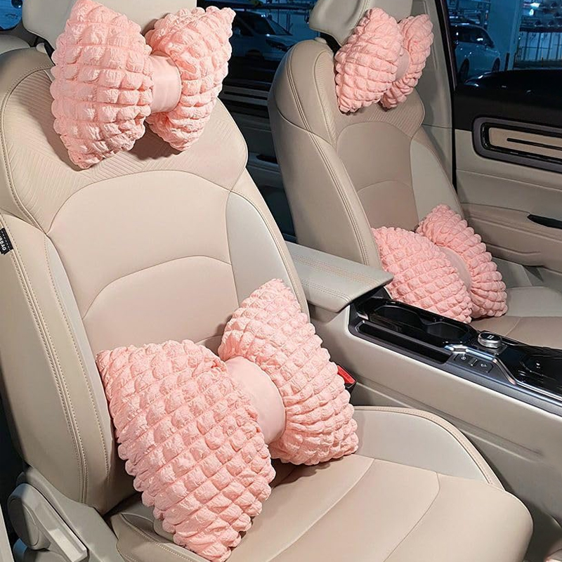 Cartoon Bowknot Car Waist Pillow, Soft Pink Lumbar Support Headrest for Car Interior Decoration