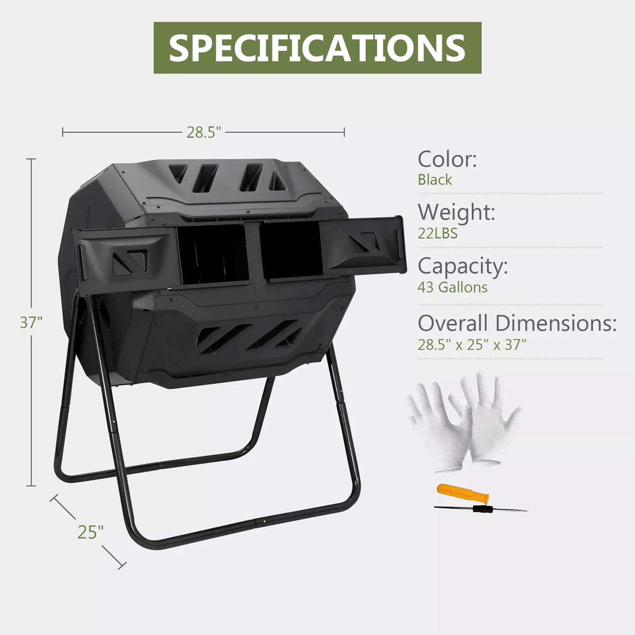 43 Gallon Dual Chamber Compost Tumbler for Outdoor Garden Waste and Organic Fertilizer