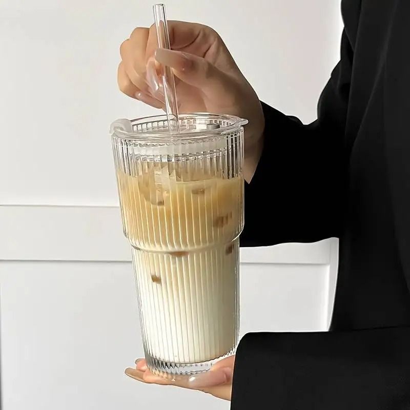 Large Stripe Glass Coffee Cup with Lid and Straw