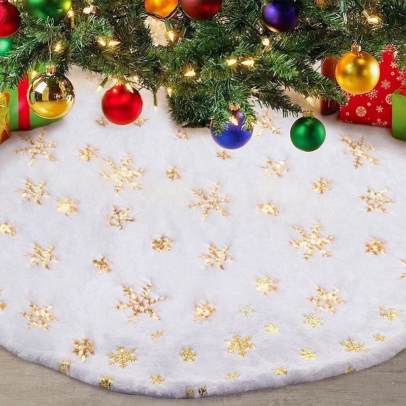 15-Inch White Faux Fur Christmas Tree Skirt | Premium Sequin Round Xmas Mat & Holiday Party Infrastructure