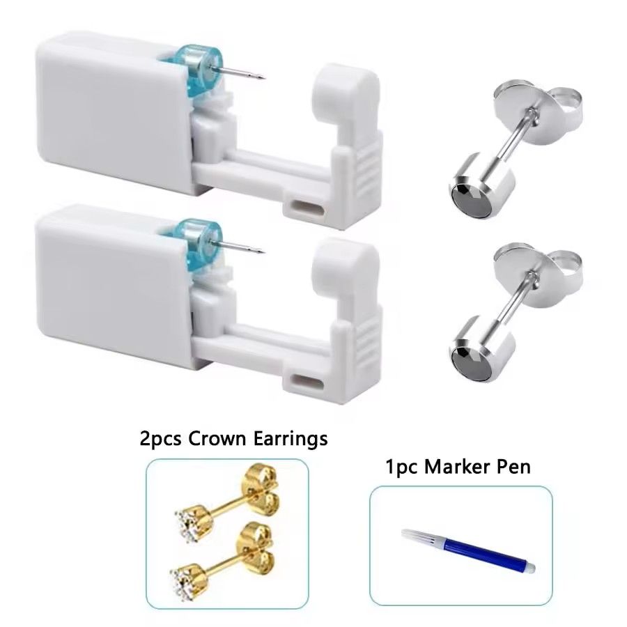 2PCS Disposable Ear Piercing Kit – Built-in Stud Guns + Bonus Cubic Zirconia Earrings | Safe & Easy Home Use Tool