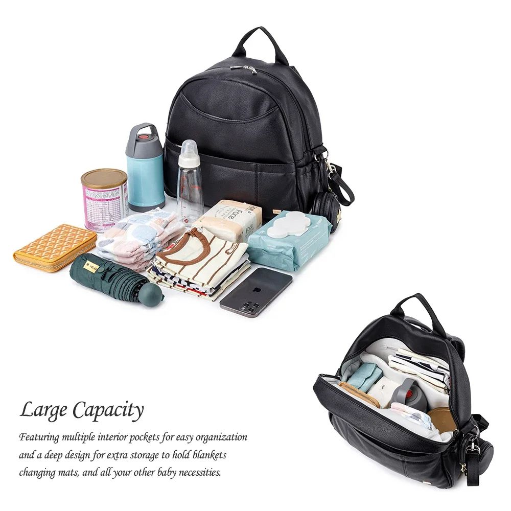 Modern Black PU Diaper Backpack Large Capacity Waterproof Baby Bag
