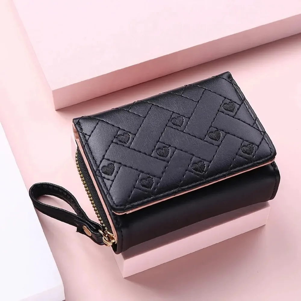 Versatile Women's Short Embroidered Love Wallet, Zipper Buckle, Large Capacity Card Bag, Fashionable and Simple