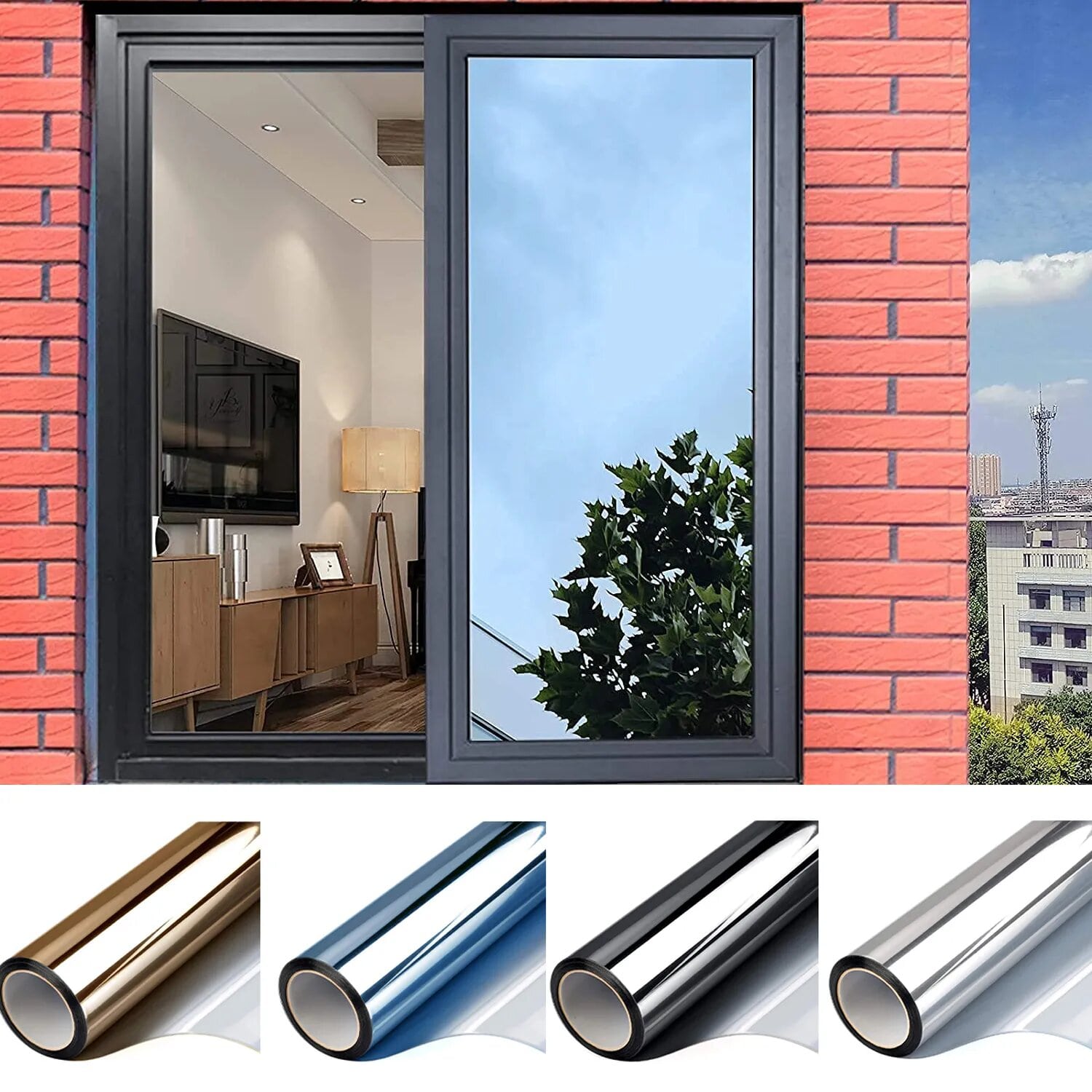 Privacy Window Tint Film, One Way Mirror Glass Sticker, Reflective Sun Blocking Film for Heat Control & UV Protection