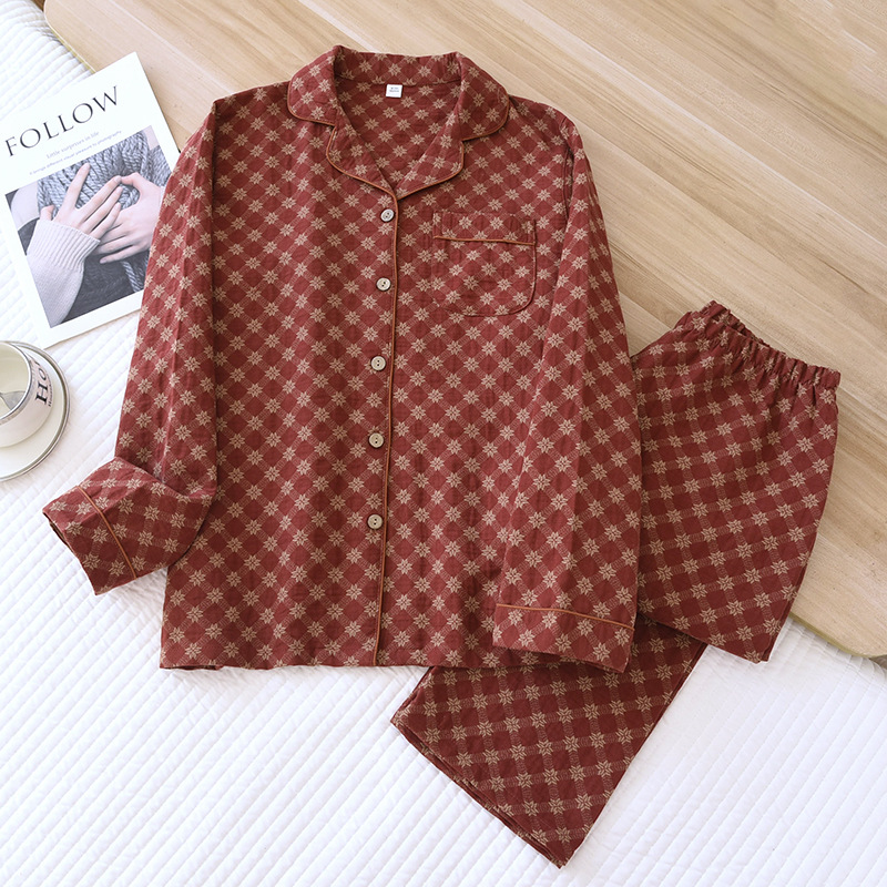 Women's New Spring Pajamas Suit, Cotton Crepe Two-Piece, Long-Sleeved Trousers, Flower Leaves Home Clothes