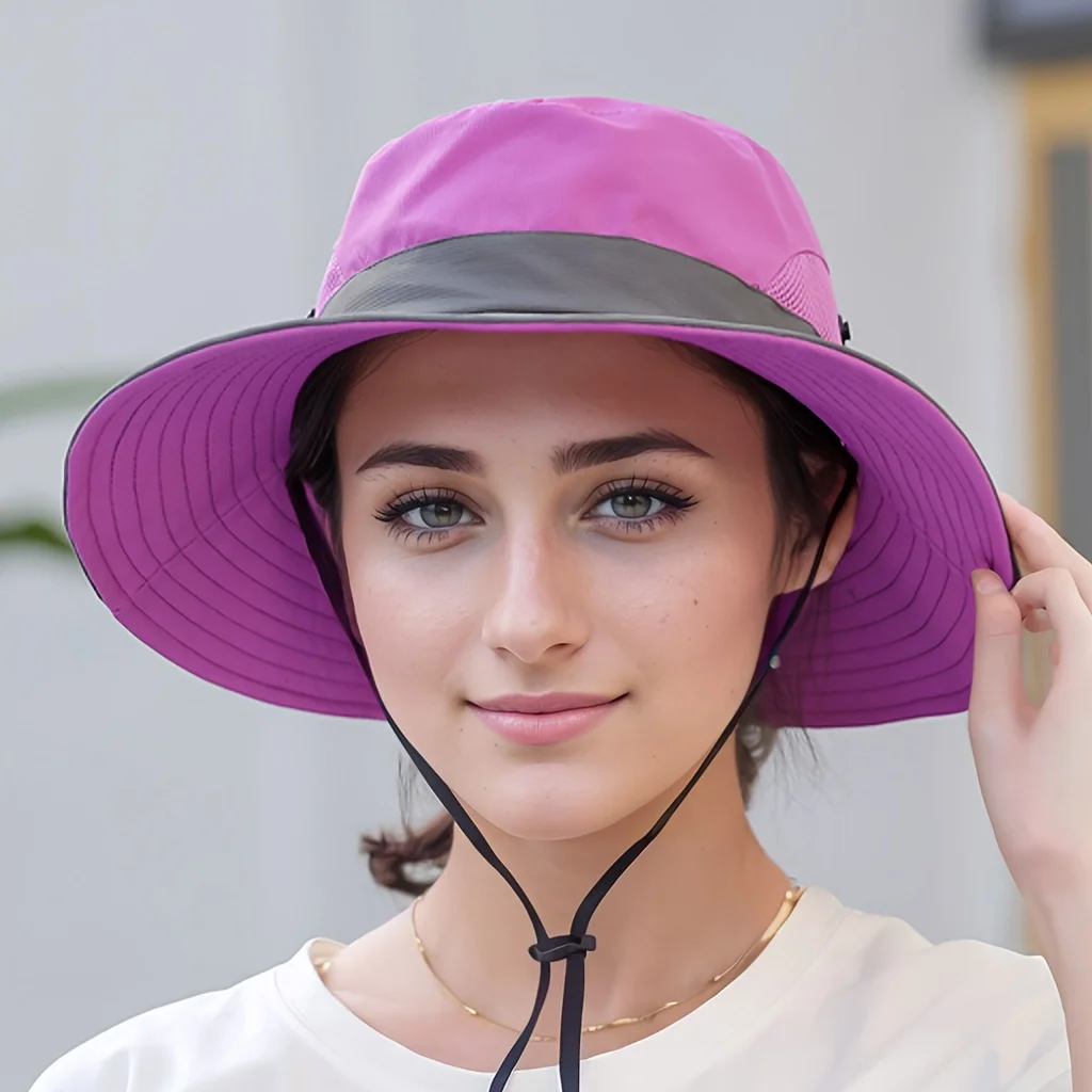 Womens Wide Brim Sun Hat with Ponytail Hole Breathable Waterproof Summer Beach Hat