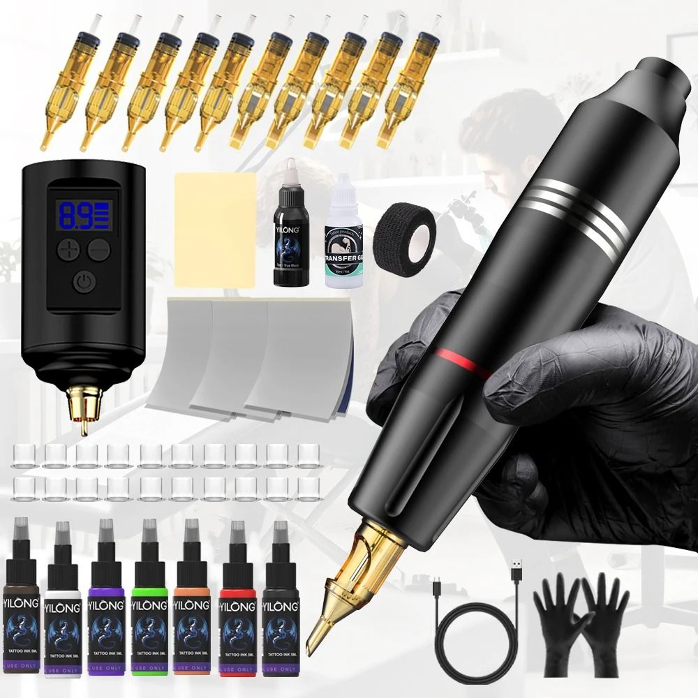 Professional Wireless Rotary Tattoo Machine Kit with 10 Cartridge Needles Complete Set
