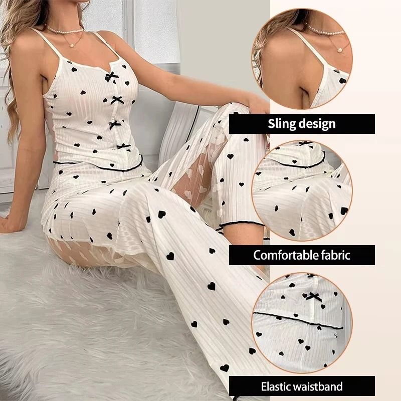 Womens Sheer Mesh Lace Two Piece Pajama Set With Ribbed Strap Top And Pants