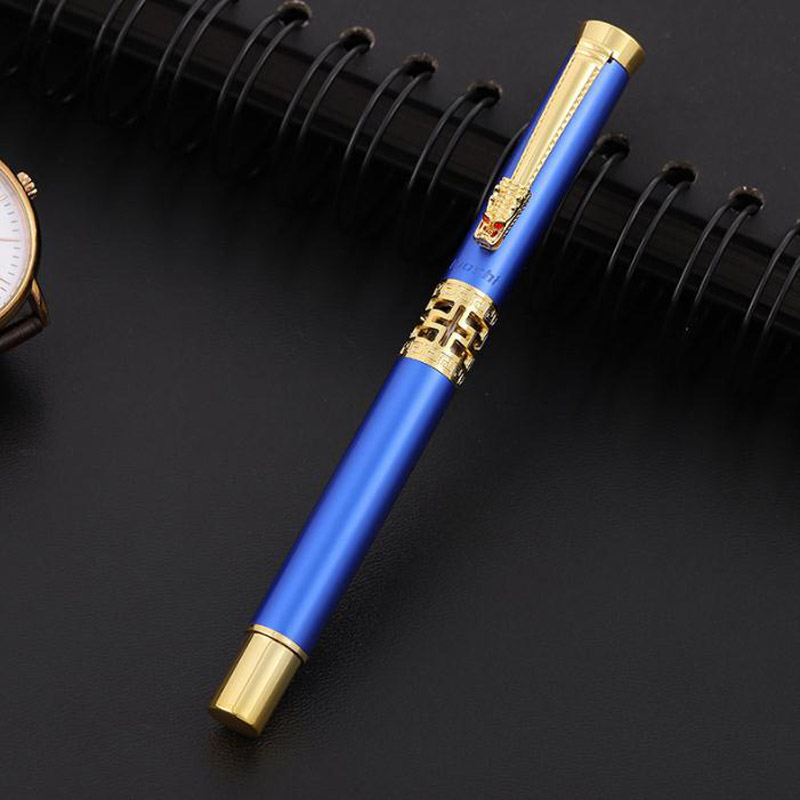 Blue Hollow Sculpted Fountain Pen Luxury Metal Calligraphy Writing Pen