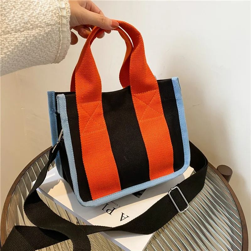 Contrast Color Canvas Tote Bag Fashion Crossbody Shoulder Handbag