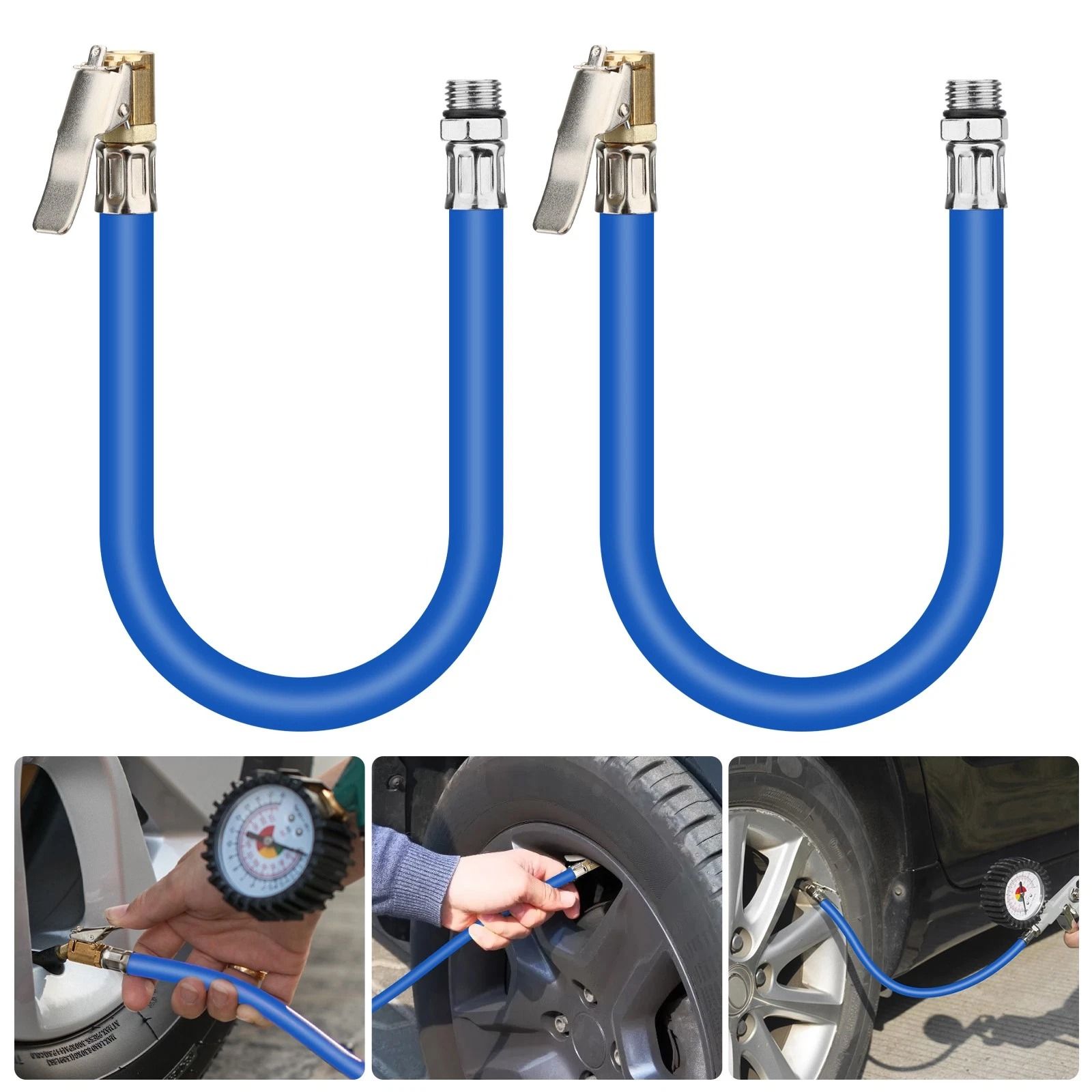 Tire Inflation Hose with Self-Locking Clamps, Rubber Extension, for Car, Motorcycle, Bicycle Use
