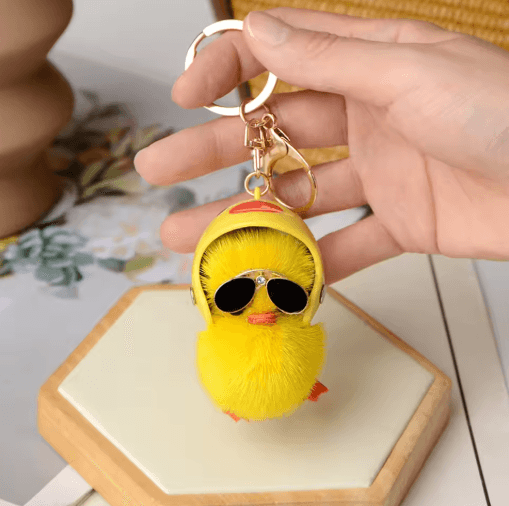 Cute Fluffy Duck Keychain Plush Little Duck with Helmet and Sunglasses Bag Pendant