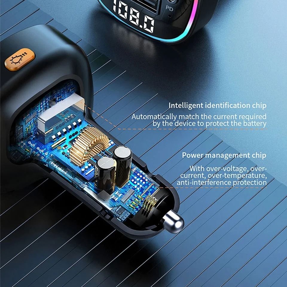 Bluetooth Car FM Transmitter Adapter with USB PD Charger & AUX Hands-Free for Smooth Audio Streaming