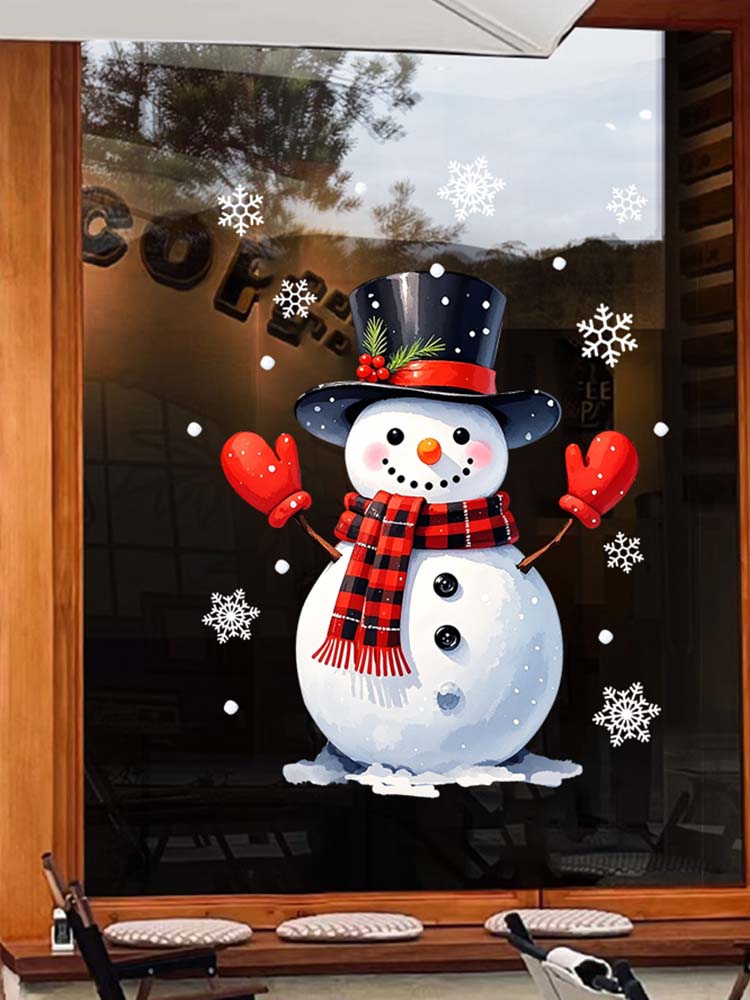Static Cling Sticker, Christmas Window Sticker, Glass Sticker with Snowman, White Snowflakes, Christmas Hats, Holiday