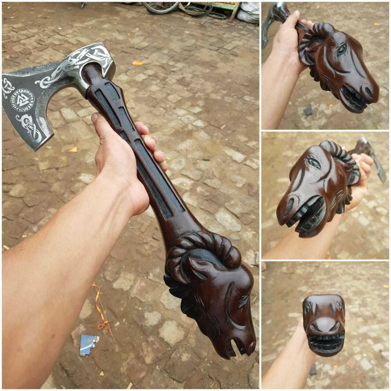 CUSTOM HANDMADE CARBON STEEL AXE HAND CARVED RAM HEAD VIKING AXE CHRISTMAS GIFT