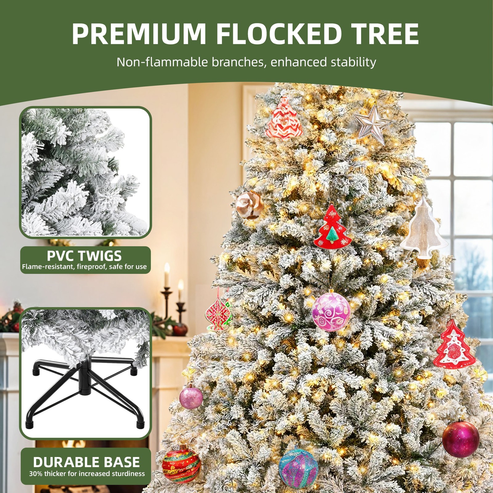 Prelit Snow Flocked Christmas Tree, Artificial Full Tree with Remote
