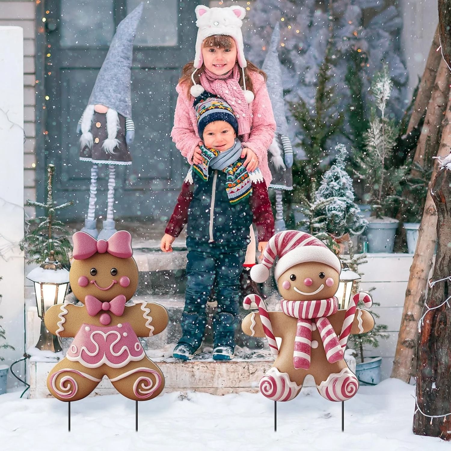 Create a magical holiday atmosphere with the Festive Christmas Boy and Girl Yard Stakes. These charming three dimensiona