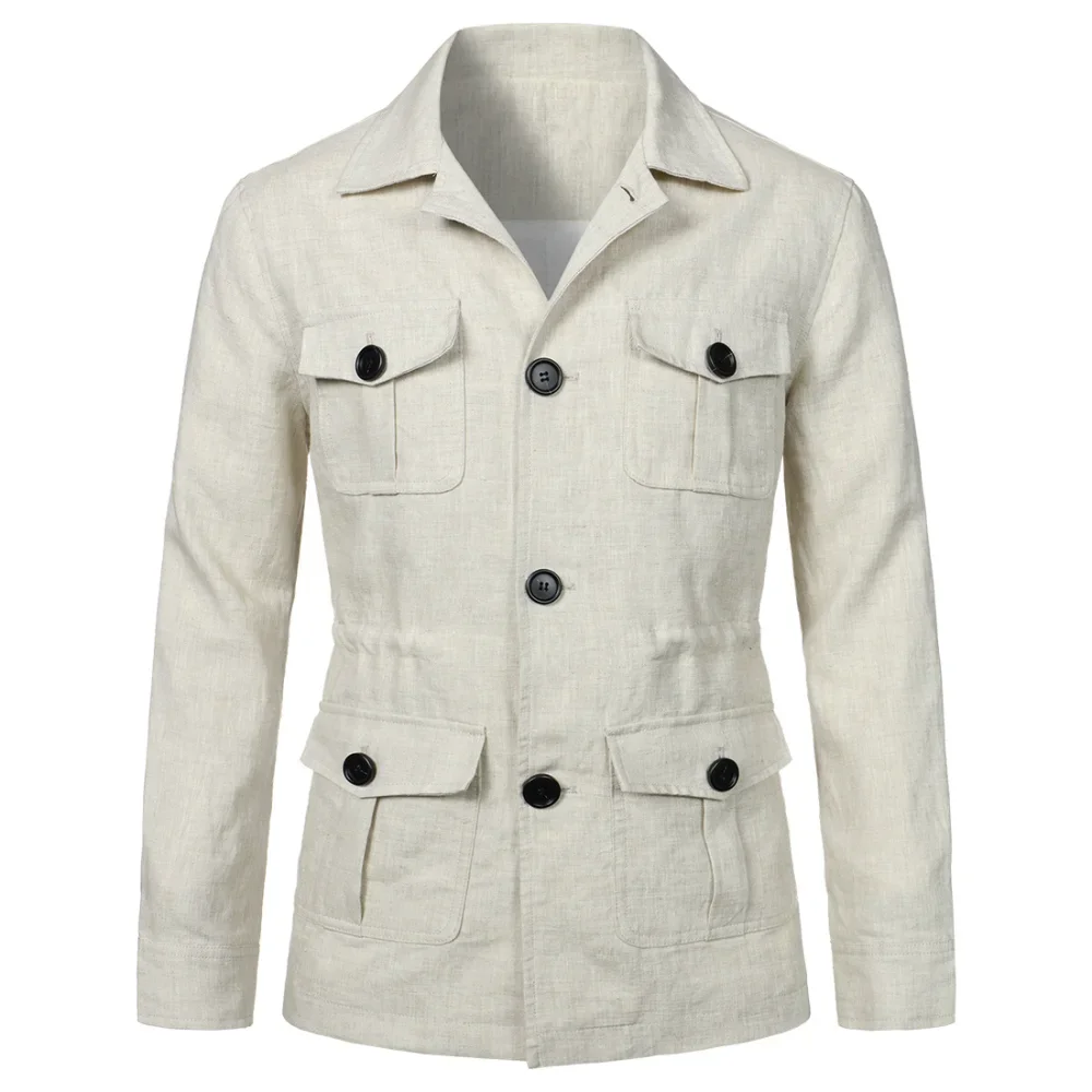 Mens Coats Safari Jacket Linen British Retro Gentry Suit Pockets Outerwear Fashion Solid Color Male Tops Lightweight