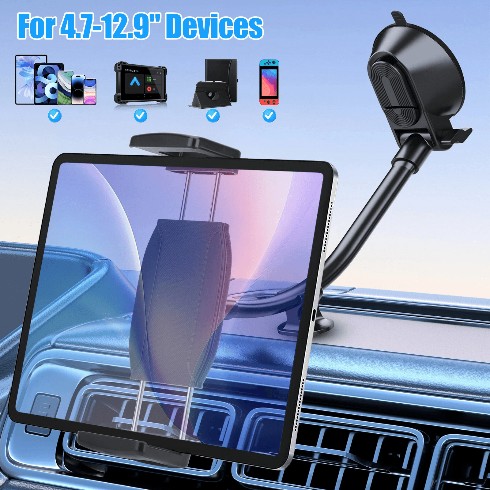 Car Tablet Holder for iPad & Phone, Dashboard Windshield Mount with Gooseneck Arm